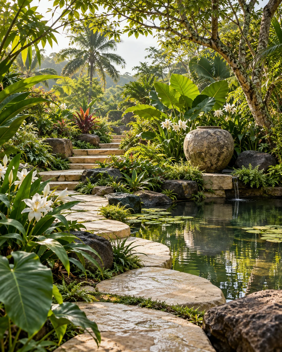 Jardin tropical luxuriant, allée en pierre et bassin naturel